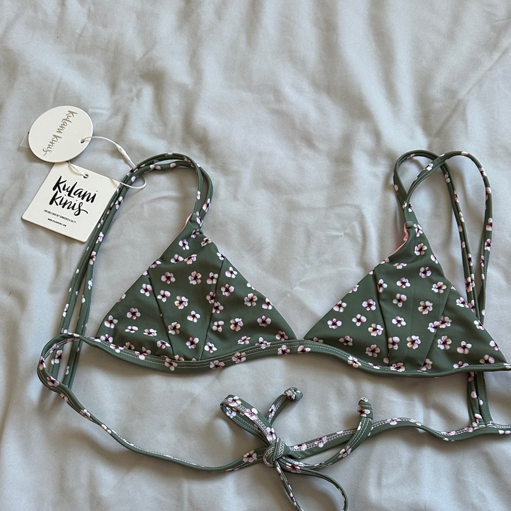 Kulani Kinis Olive Green Floral Triangle Bikini Top with Pink & White Blossoms